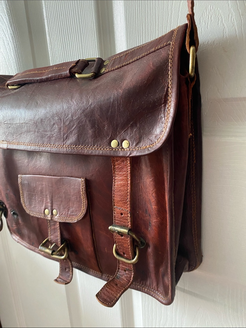 Vintage Brown Leather Messenger Bag with Brass Hardware - Picture 3 of 13